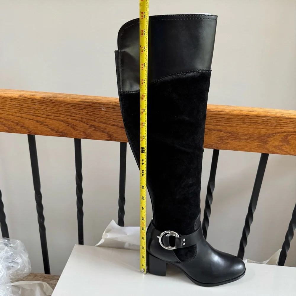 Marc Fisher Editer Black Leather Suede Tall Knee Boots buckle detail 6W